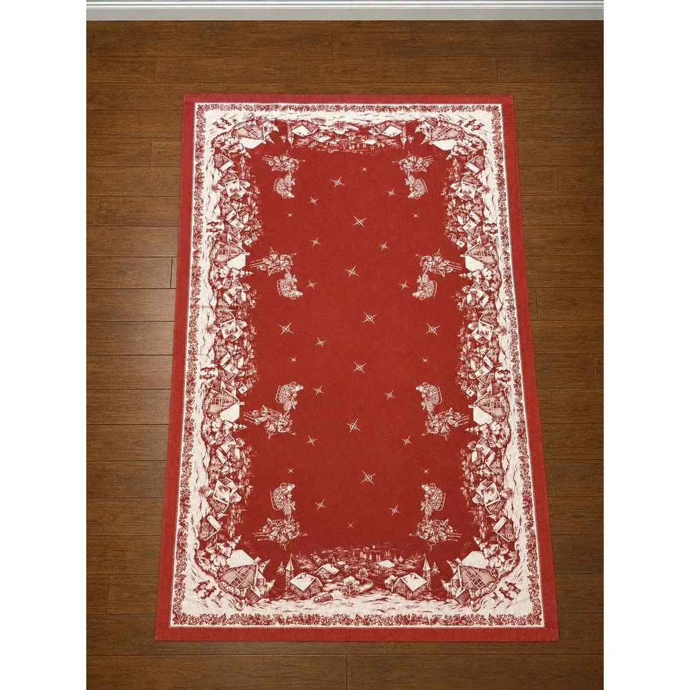 Vintage Noble Excellence Christmas Village Toile Red White Tablecloth 70x126 XL